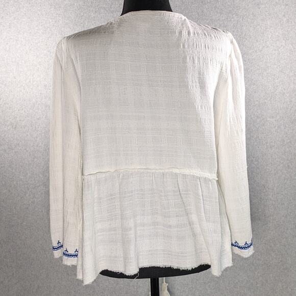 True Craft Jacket L White 100% Cotton Blue Embroidered Boho Peplum Tie Raw Hems - Picture 4 of 15